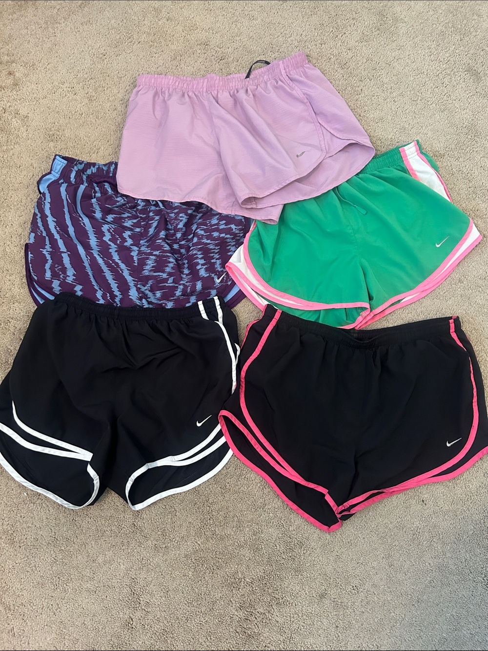 Lot of 5- NIKE Women’s Athletic Shorts Set - Black, Pink, Green, Lavender, Purpe